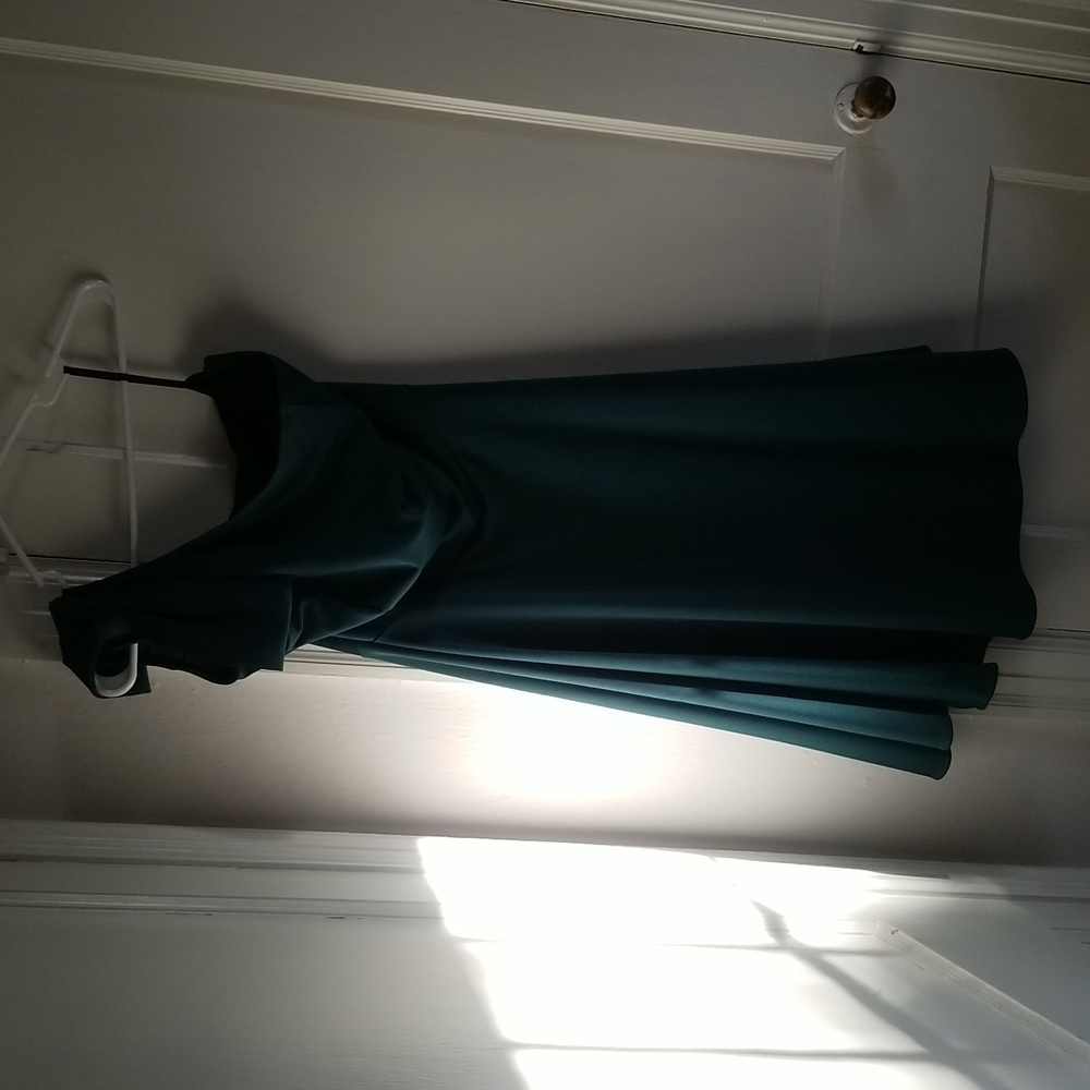 Green, one shoulder dress.